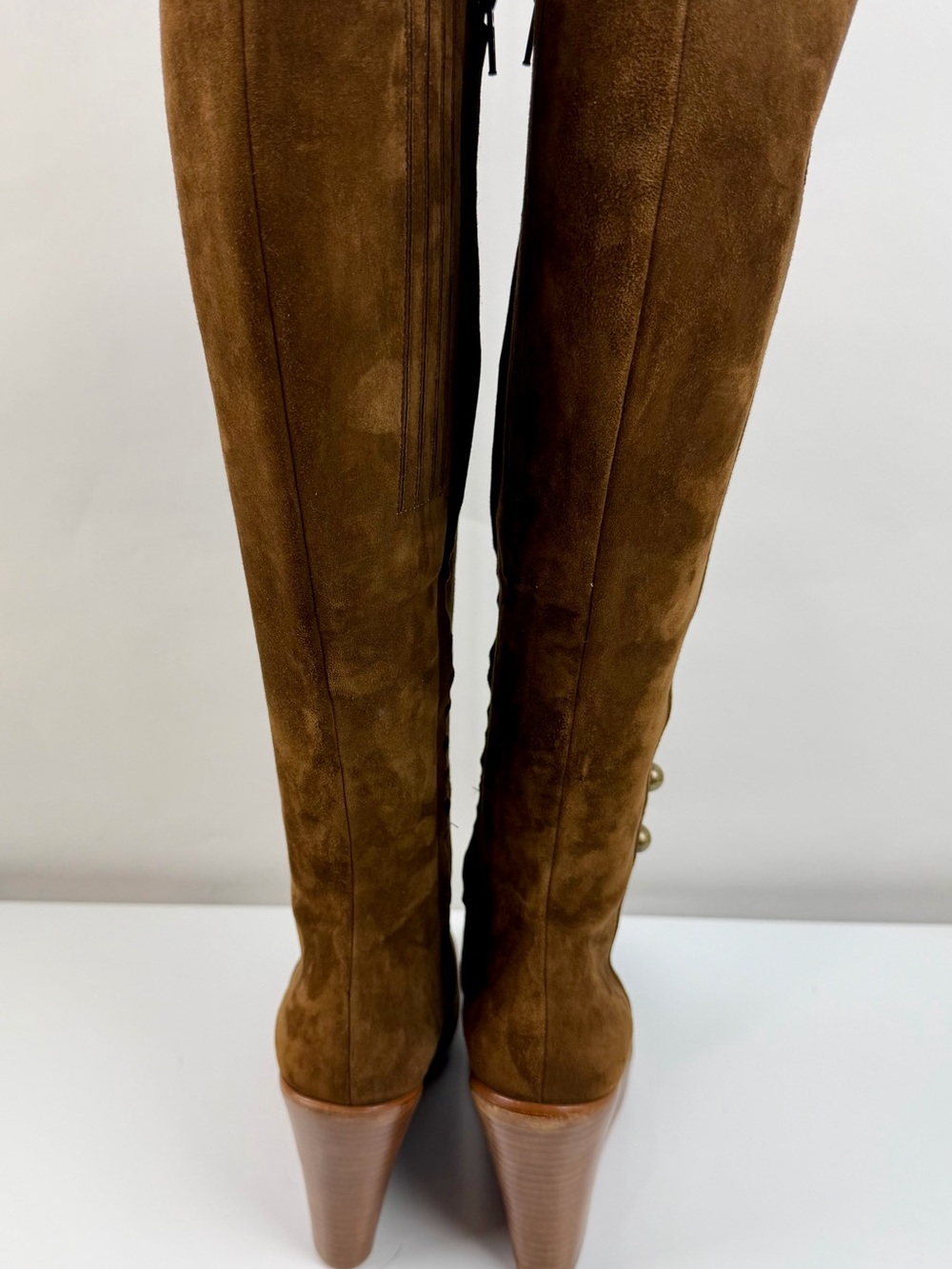 Christian Louboutin Chestnut Suede Knee Boots with Gold Button Detail - Picture 5 of 14